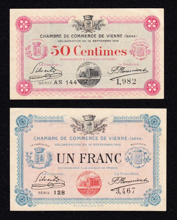 フランス第三共和政 ウィーン 緊急紙幣 1フラン、50サンチーム（1915）[1940]_画像1