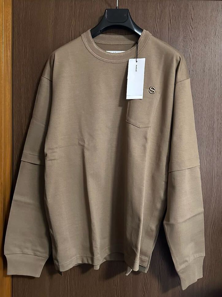 4新品 sacai サカイ メンズ S ロゴ ロング Tシャツ 長袖 ダークベージュ 23AW size 3 L スウェット ロンT カットソー_画像1