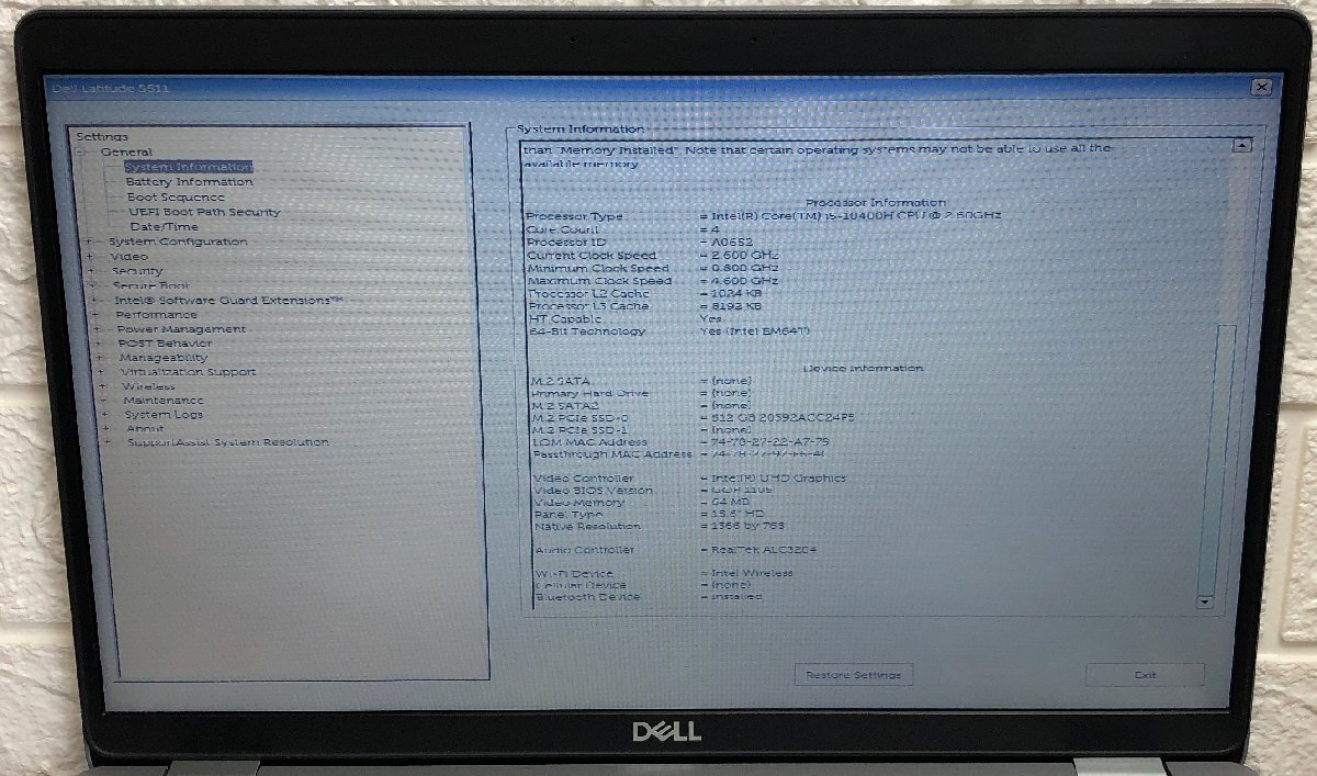 1円～ ■ジャンク DELL LATITUDE 5511 / 第10世代 / Core i5 10400H 2.60GHz / メモリ 16GB / NVMe SSD 512GB / 15.6型 / OS無し / BIOS可_画像2