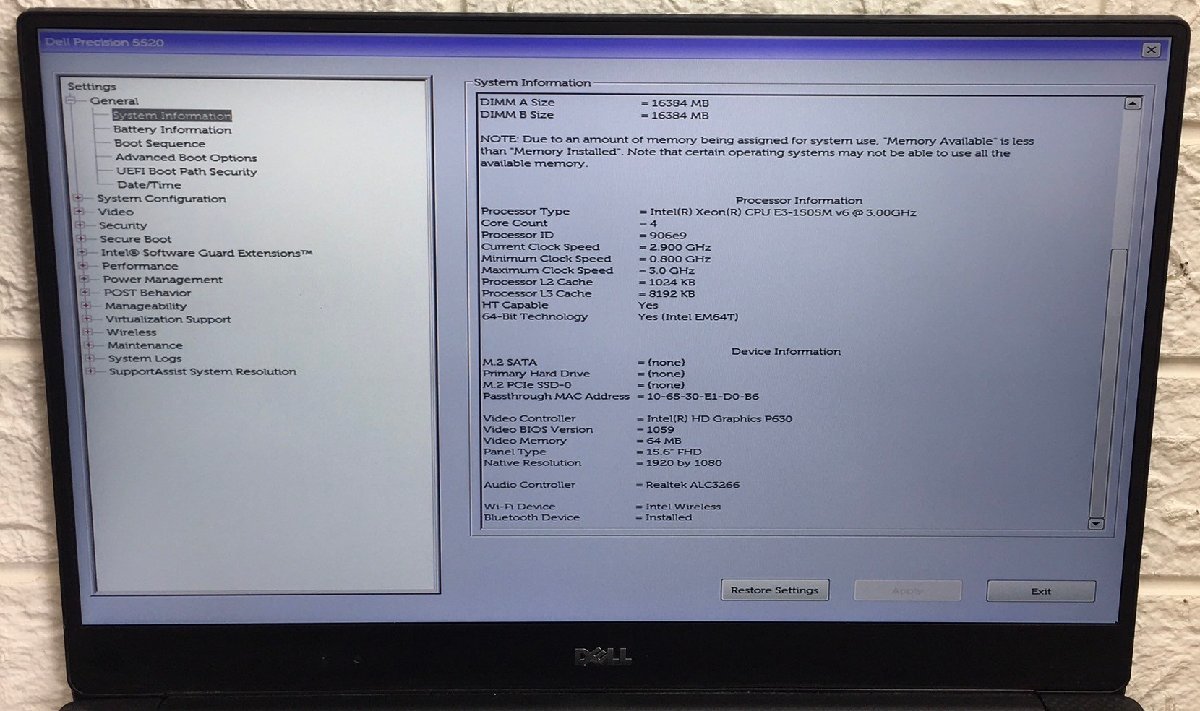 1円～ ■ジャンク DELL PRECISION 5520 / Xeon E3-1505M v6 3.00GHz / メモリ 32GB / ストレージ無し / 15.6型 / OS無し / BIOS起動可_画像2