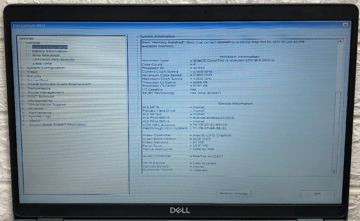 1円～ ■ジャンク DELL LATITUDE 5511 / 第10世代 / Core i5 10400H 2.60GHz / メモリ 16GB / SSD 512GB / 15.6型 / OS無し / BIOS起動可_画像2
