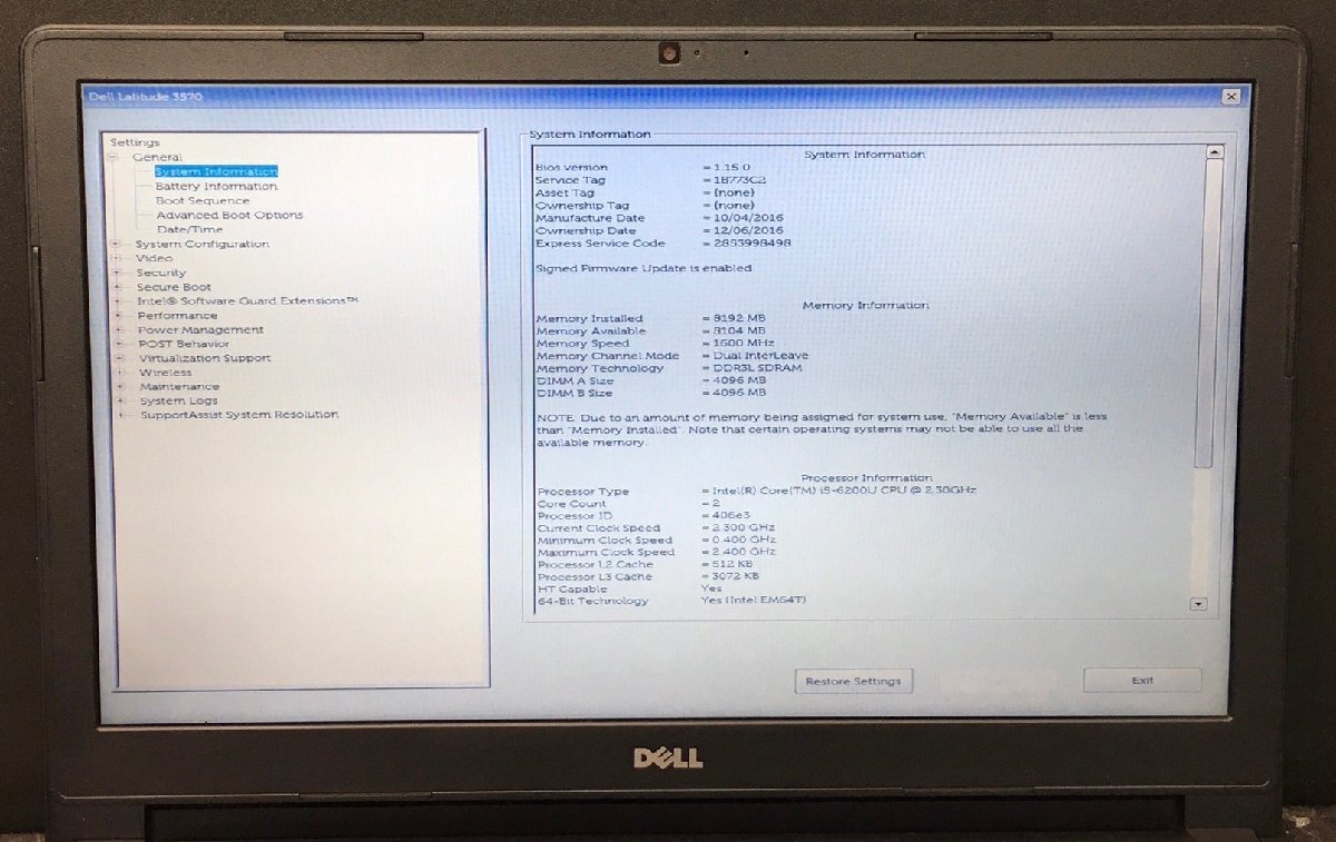1円～ ■ジャンク DELL LATITUDE 3570 / 第6世代 / Core i5 6200U 2.30GHz / メモリ 8GB / HDD 500GB / 15.6型 / OS有り / BIOS起動可_画像2