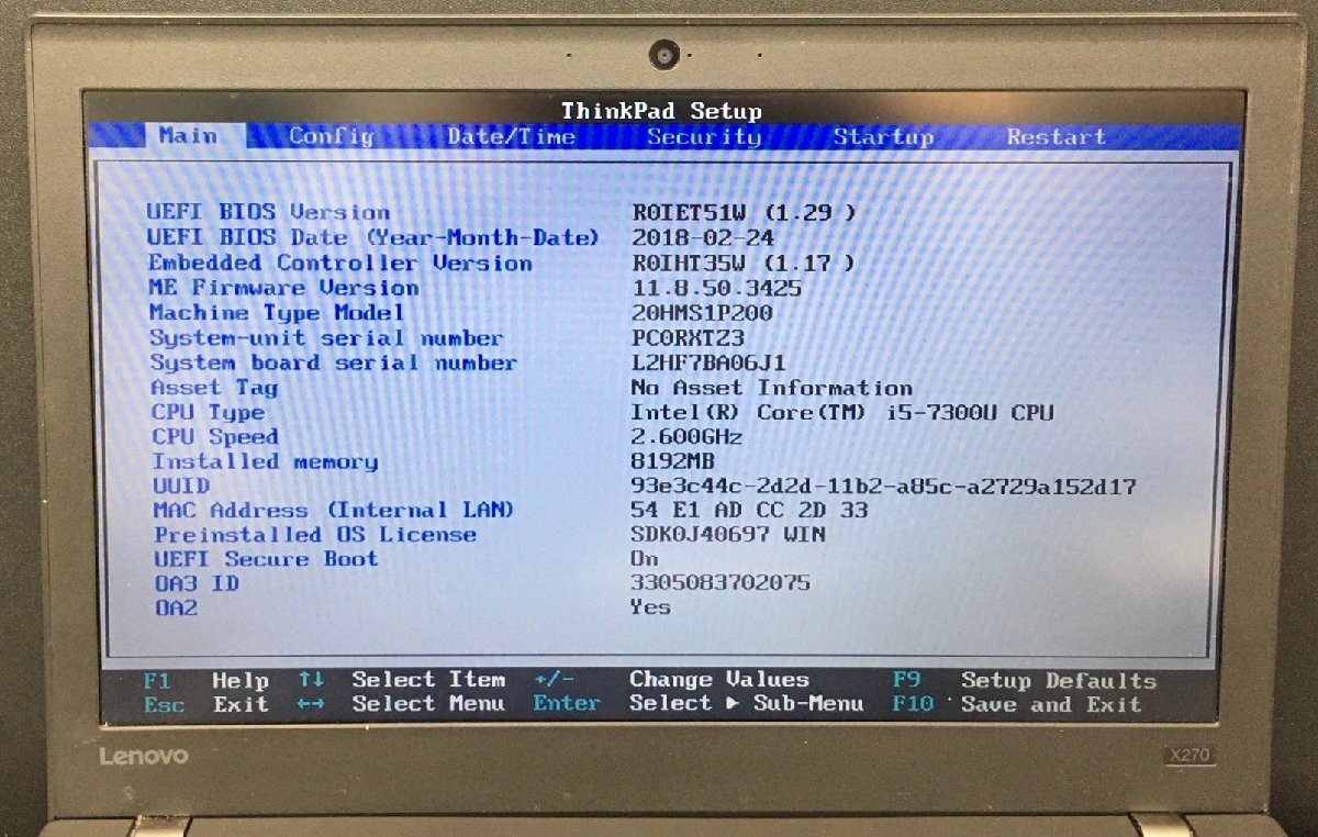 1円～ ■ジャンク LENOVO ThinkPad X270 / 第7世代 / Core i5 7300U 2.60GHz / メモリ 8GB / HDD 500GB / 12.5型 / OS有り / BIOS起動可_画像2