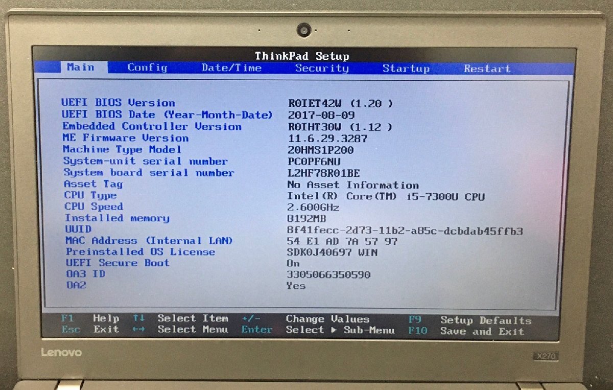 1円～ ■ジャンク LENOVO ThinkPad X270 / 第7世代 / Core i5 7300U 2.60GHz / メモリ 8GB / HDD 500GB / 12.5型 / OS有り / BIOS起動可_画像2