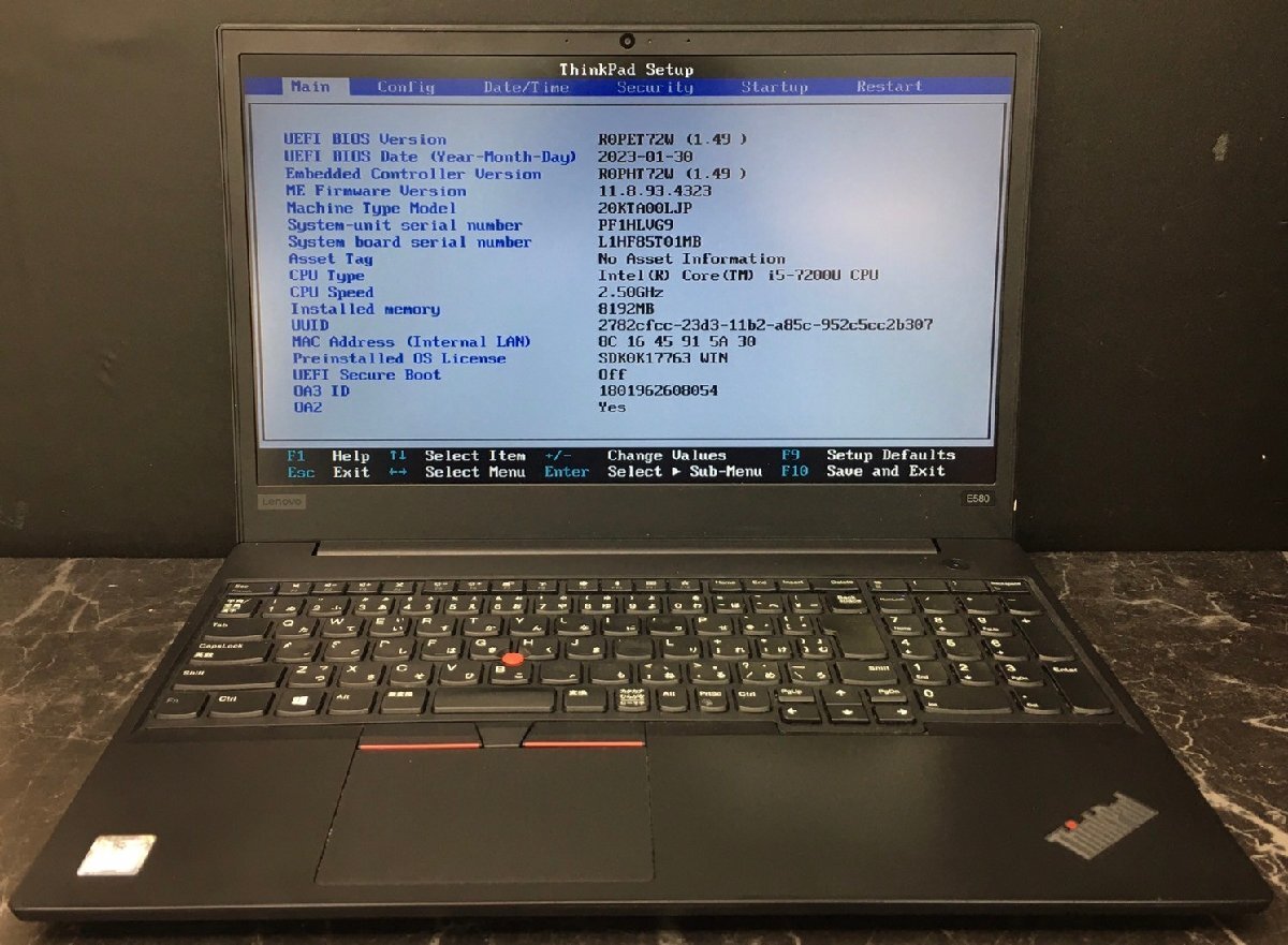 1円～ ■ジャンク LENOVO ThinkPad E580 / 第7世代 / Core i5 7200U 2.50GHz / メモリ 8GB / SSD 256GB / 15.6型 / OS無し / BIOS起動可_画像1
