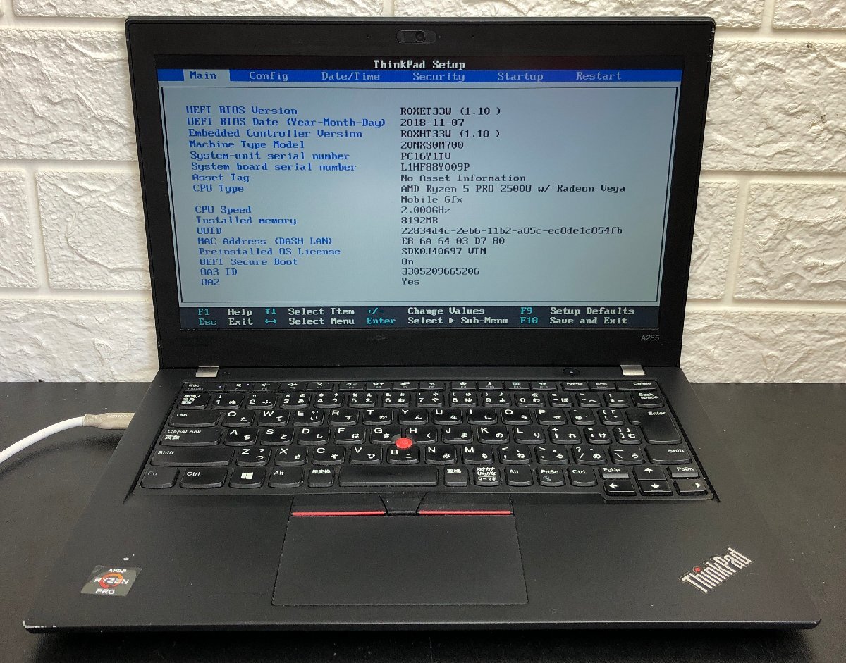 1円～ ■ジャンク LENOVO ThinkPad A285 / Ryzen 5 PRO 2500U 2.00GHz / メモリ 8GB / SSD 128GB / 12.5型 / OS無し / BIOS起動可の画像1