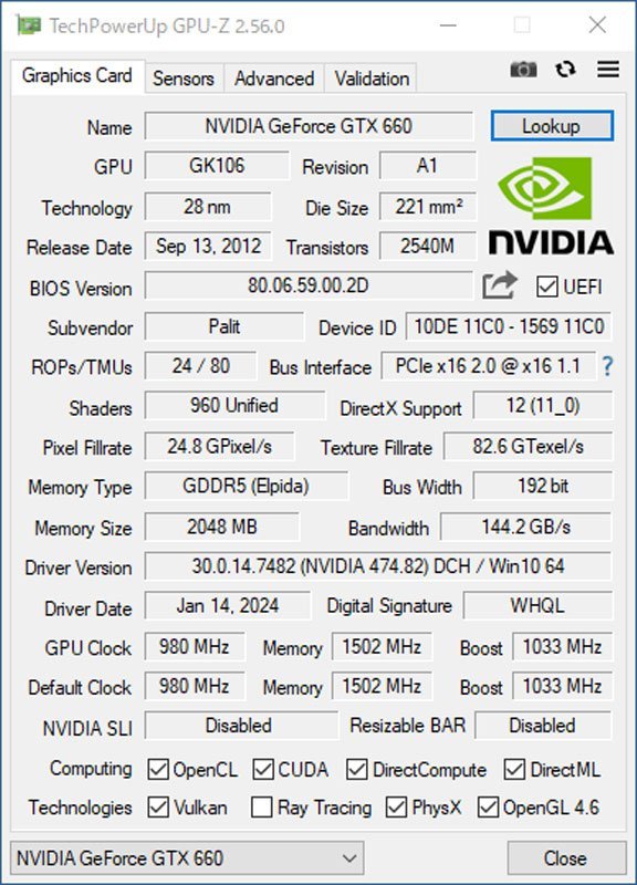 中古グラフィックカード 動作確認済 Vista～Win11 LINUX ★Palit NVIDIA GeForce GTX 660 GDDR5 2GB 192it DVI/HDMI/DP #2339-Kの画像5