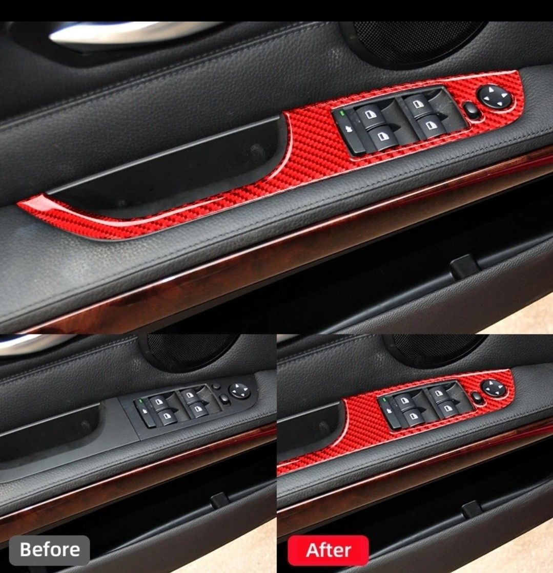 赤 BMW 3シリーズ E90 E92 右ハンドル用 2005- 2012 ドアウィンドウ　スイッチ　ボタンフレーム ステッカー 