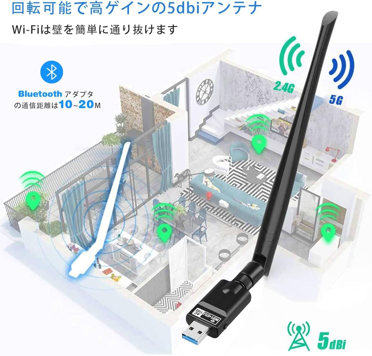 72 WiFi 無線LAN 子機 1300Mbps【2023年NEWモデル】USB3.0 WIFIアダプタ Bluetooth 5.0アダプタ 5dBi 2in1 デュアルバンドの画像2