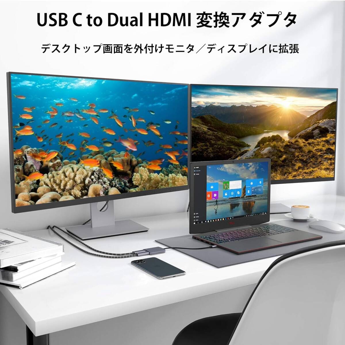 710 USB C HDMI 変換アダプター Aibilangose デュアル HDMI Type-C マルチディスプレイアダプタ 拡張/複製 【2つのHDMI+USB3.0+PD充電】の画像7