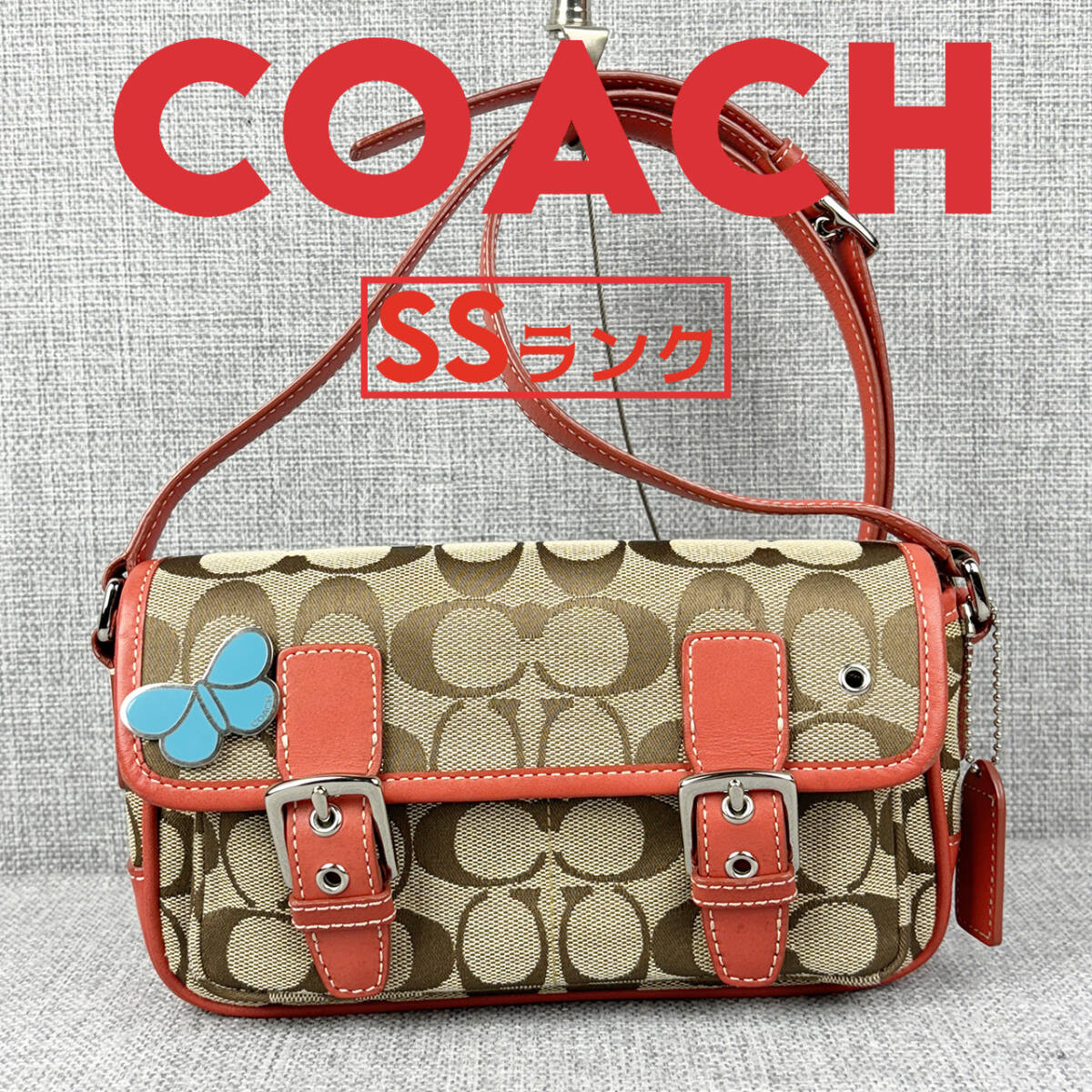 未使用★COACH コーチ スモールショルダーバッグ 6686 キャンバス＆本革レザー ベージュ×朱赤 純正袋付きの画像1