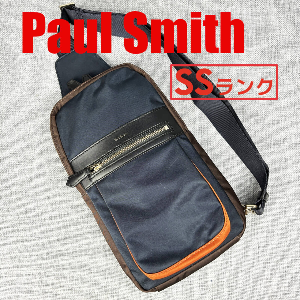  unused *Paul Smith Paul Smith men's body bag PSN310 nylon & original leather navy blue × dense brown × orange 