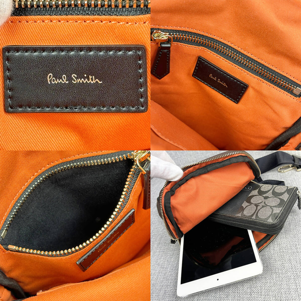  unused *Paul Smith Paul Smith men's body bag PSN310 nylon & original leather navy blue × dense brown × orange 