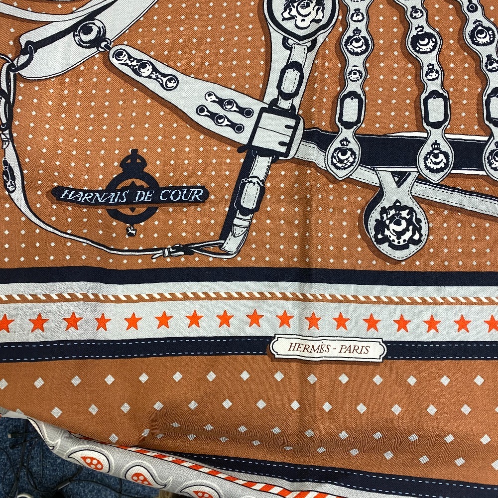 HERMES/エルメス カレ140 カレジェアン HARNAIS DE COUR 宮廷の馬具 カシミヤ スカーフ ブラウン ユニセックス ブランド_画像7