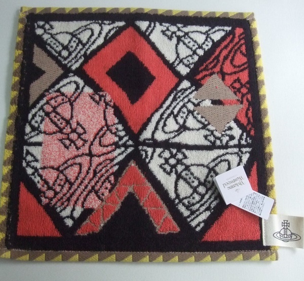 Vivienne Westwood ヴィヴィアン・ウエストウッド タオルハンカチ 未使用品 オーブ柄 黒 X 赤系 ※製造時の織むらあり。_画像2
