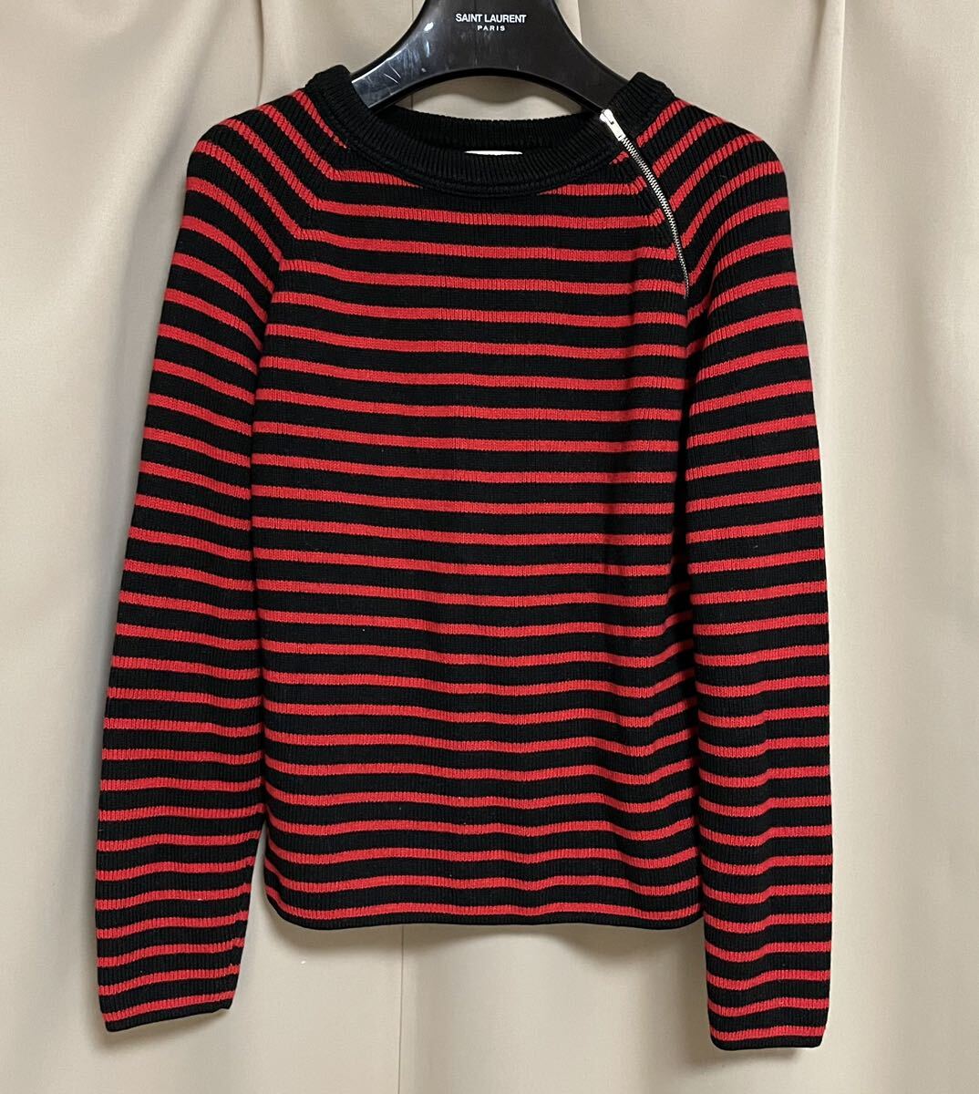 15AW sun rolan Paris shoulder Zip border knitted sweater red black 