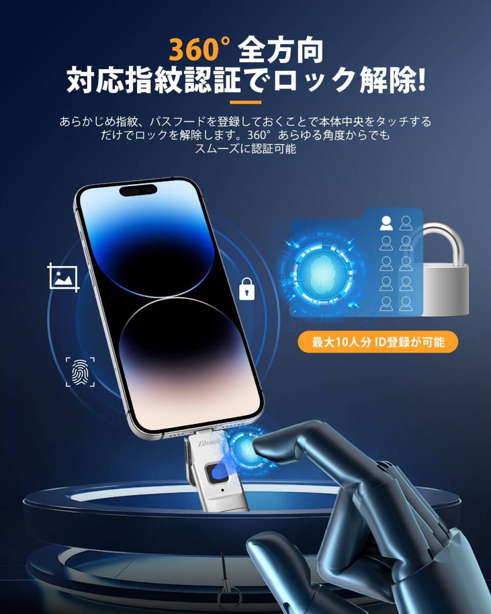 Zibassi【MFI認証取得 高速認識】指紋認証 USBメモリiPhone用USBメモリ64GB