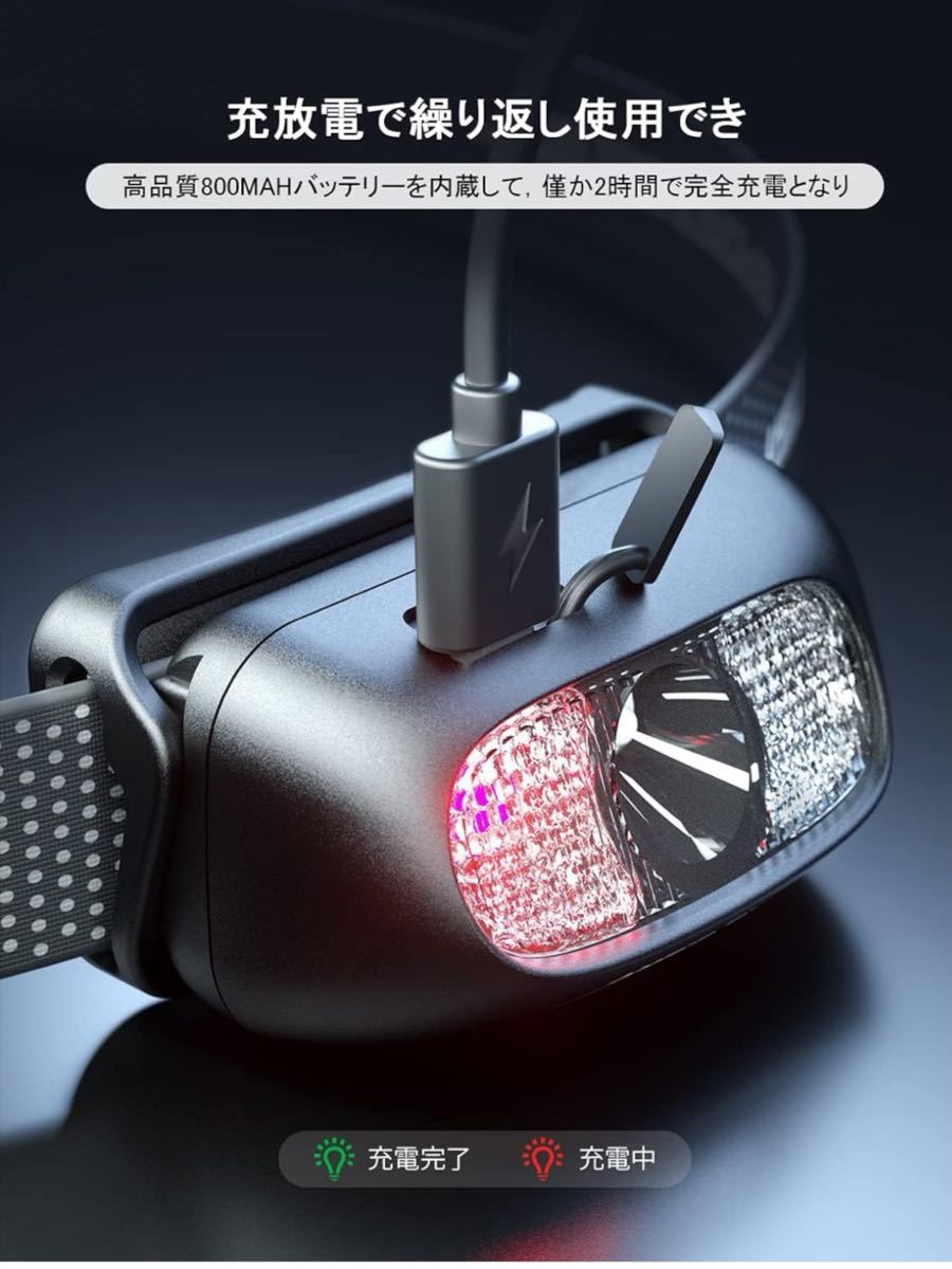 KEWISI ヘッドライト USB充電式 高輝度 LED 5種点灯モード 赤＆白ライト SOS点滅 防水防塵 アウトドア 災害 停電用 小型 40g超軽量 美品の画像5