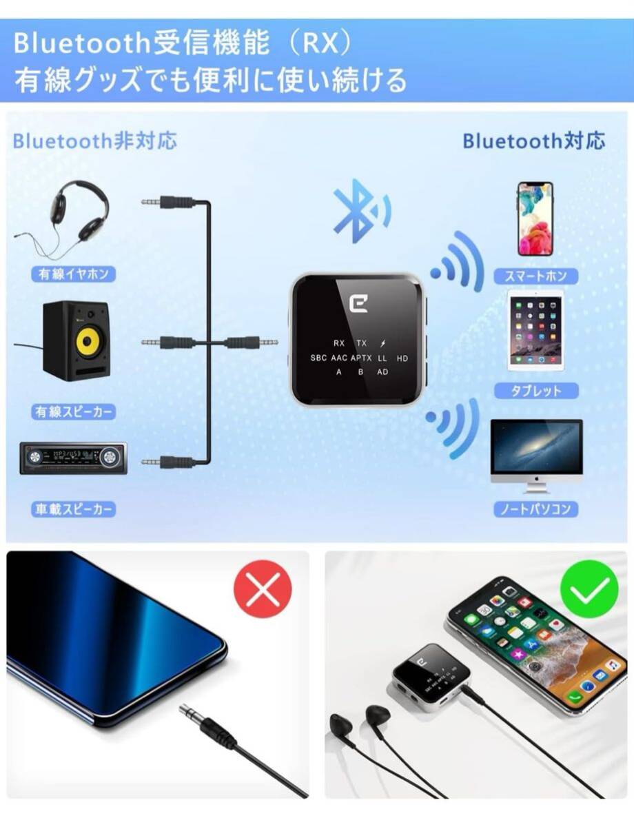 Eletoker Bluetooth 5.2 トランスミッター レシーバ ー aptx-LL aptX HD aptX-Adaptive対応 ハンズフリー通話対応 低遅延 受信機 送信機 の画像6