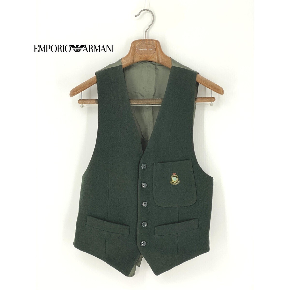 A8309/極美品 春夏 EMPORIO ARMANI エンポリオアルマーニ ウール ロゴ刺繍 ベスト ジレ 46REG S程 緑/イタリア製 メンズ スーツ用 ビジネス