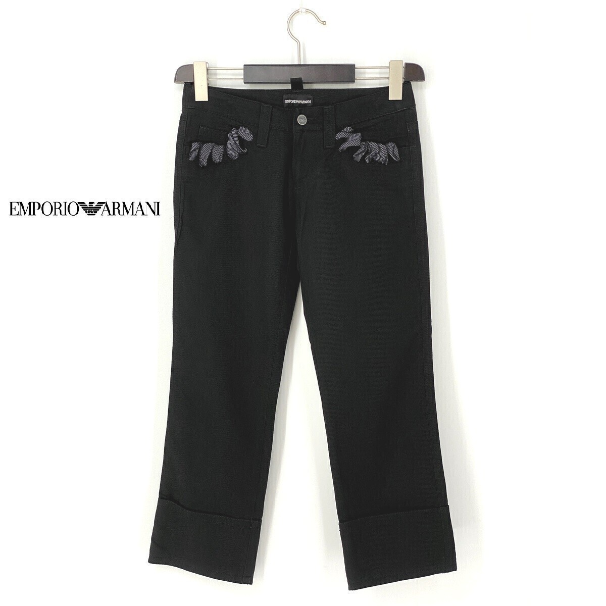 A7307/極美品 春夏 EMPORIO ARMANI アルマーニ 黒ラベル コットン デザイン テーパード クロップド アンクルパンツ I38 M程 黒/レディース