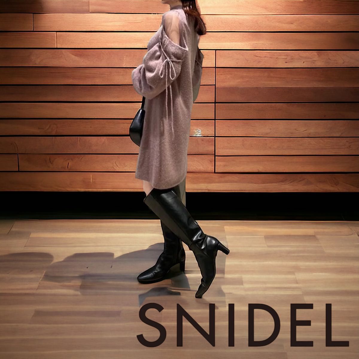 SNIDEL スナイデル　ニット　ワンピース　ラベンダー　シースルー　リボン　フリーサイズ ニットセーター　ブーツ　そでリボン