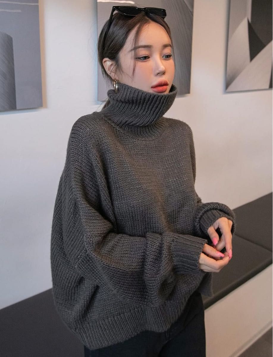 タートルネック ドロップショルダー オーバーサイズ　ニット　韓国ファッション ハイネック ニットセーター トップス 長袖 セーター