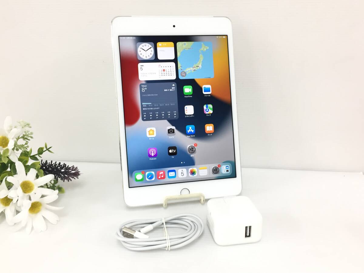 〇【良品】au iPad mini４ Wi-Fi＋Cellularモデル 128GB A1550(MK772J/A) シルバー 〇判定 動作品_画像1