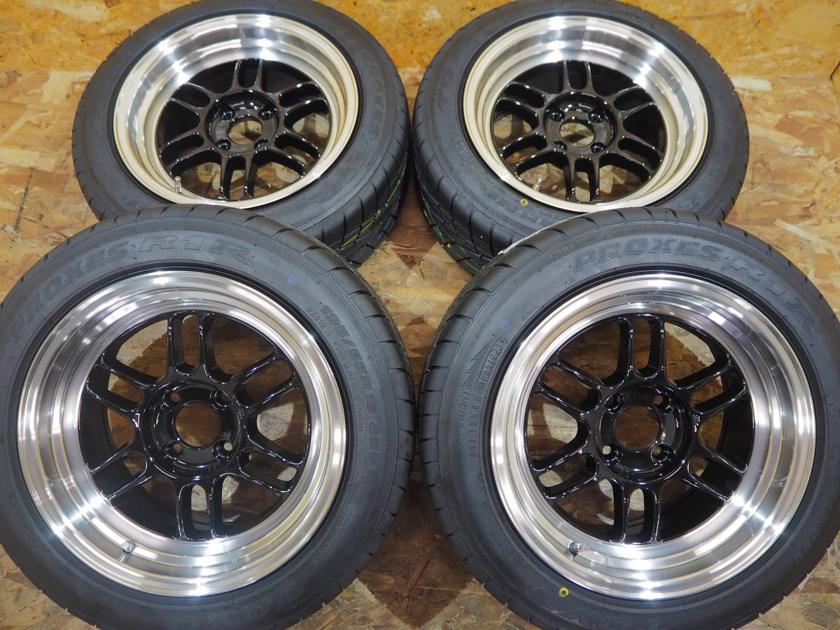 ★深リム★195/55R15 8J+20 4H100 新品 人気 ハイグリップ TOYO R1R 1台分 シビック ロードスター インテグラ ヴィッツ カスタム ブラックの画像1