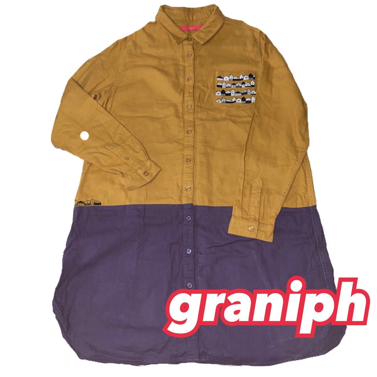 【graniph 】グラニフ ネルシャツ刺繍ワンピース 家柄 ブラウン×ダークパープル Fサイズ