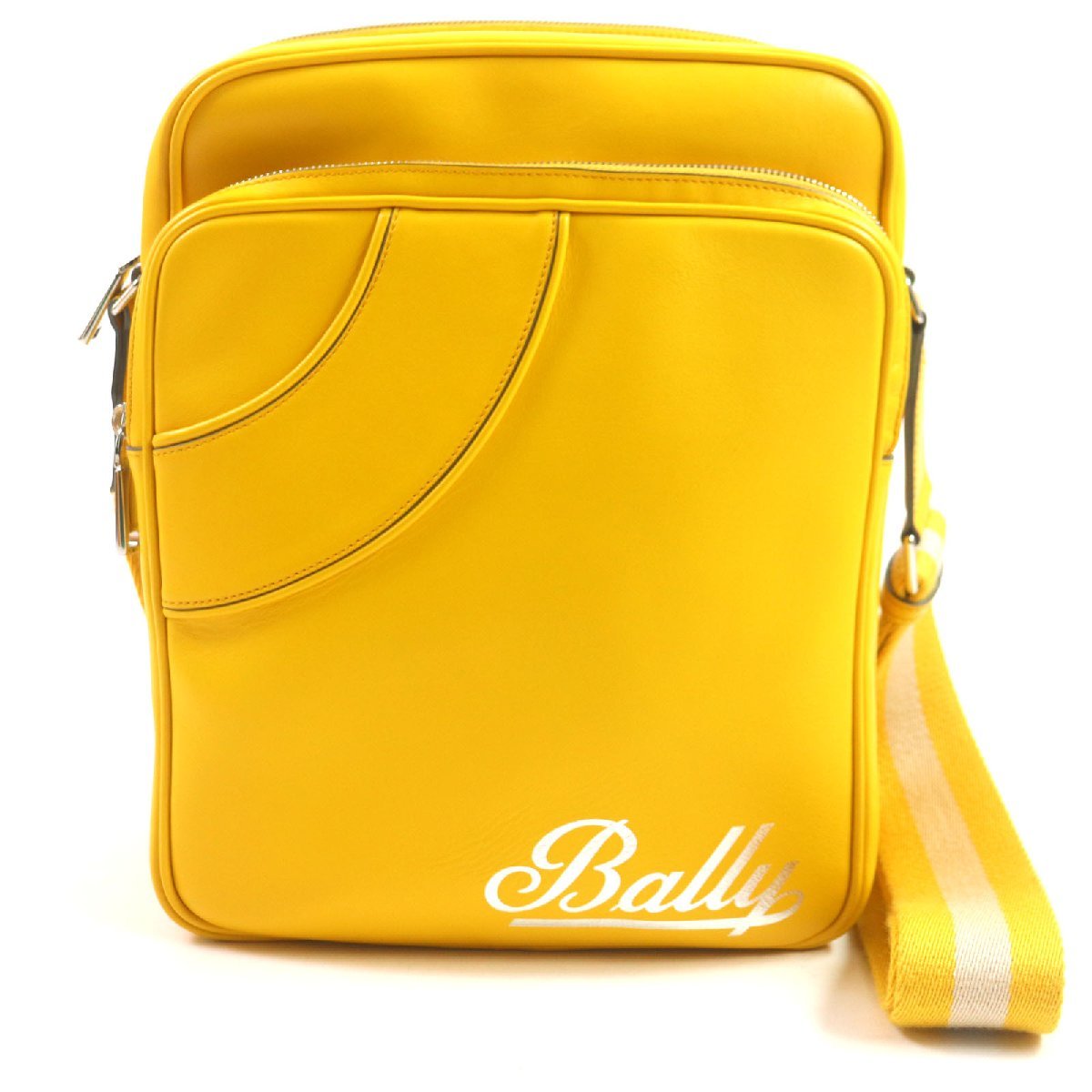極美品 BALLY バリー SMASH レザー ロゴ入り ストライプ ショルダーバッグ イエロー シルバー金具 イタリア製 メンズ