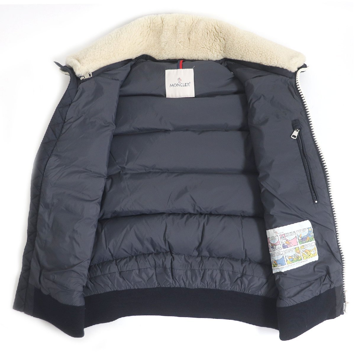 極美品 MONCLER モンクレール AUBE GILET ロゴワッペン 襟元ムートン ダブルジップ ジレ ダウンベスト ネイビー 2 正規品 メンズ_画像3