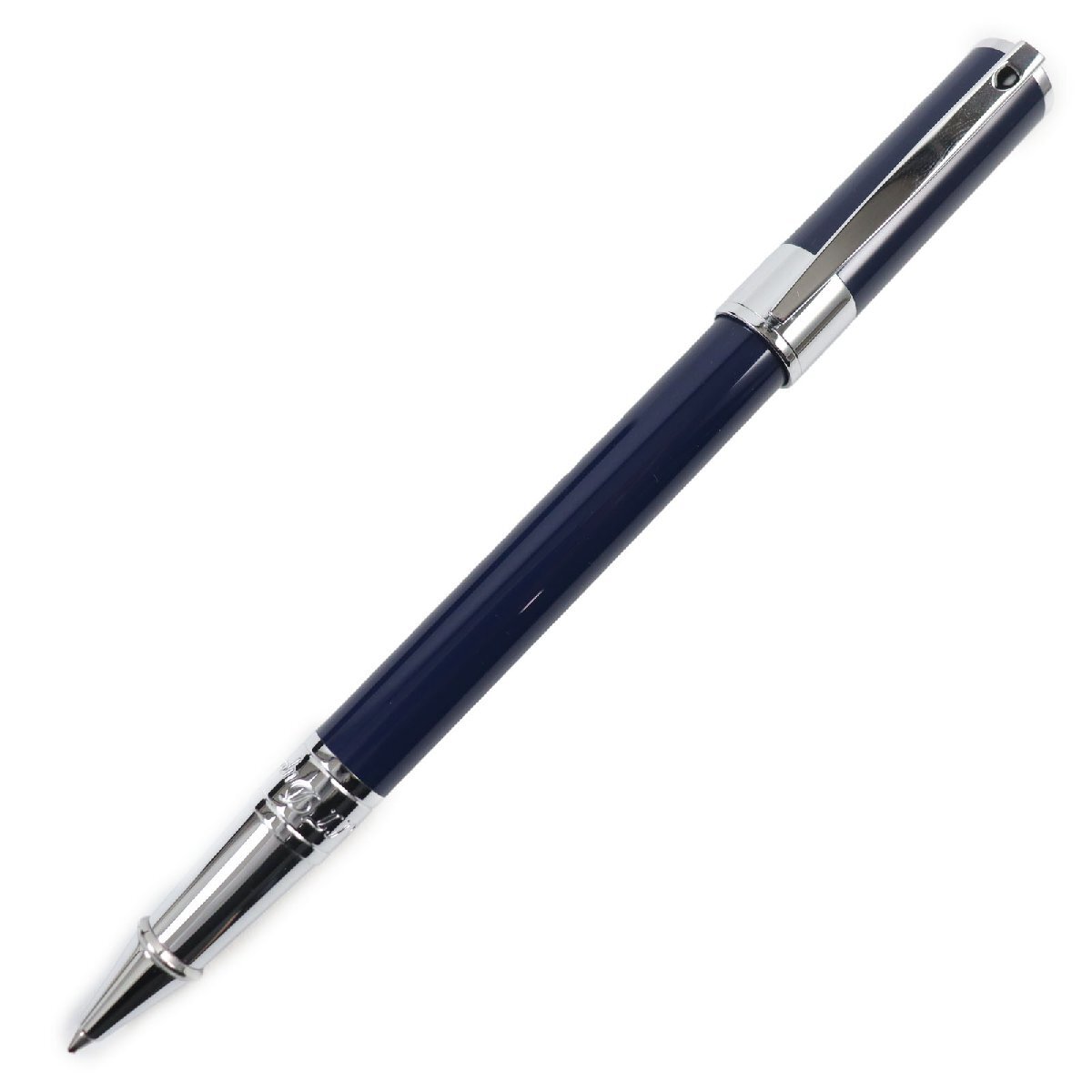 極美品 Dupont デュポン ロゴ刻印入り キャップ式 ボールペン 筆記具 ブルー シルバー ケース付き 筆記確認済み メンズ レディース