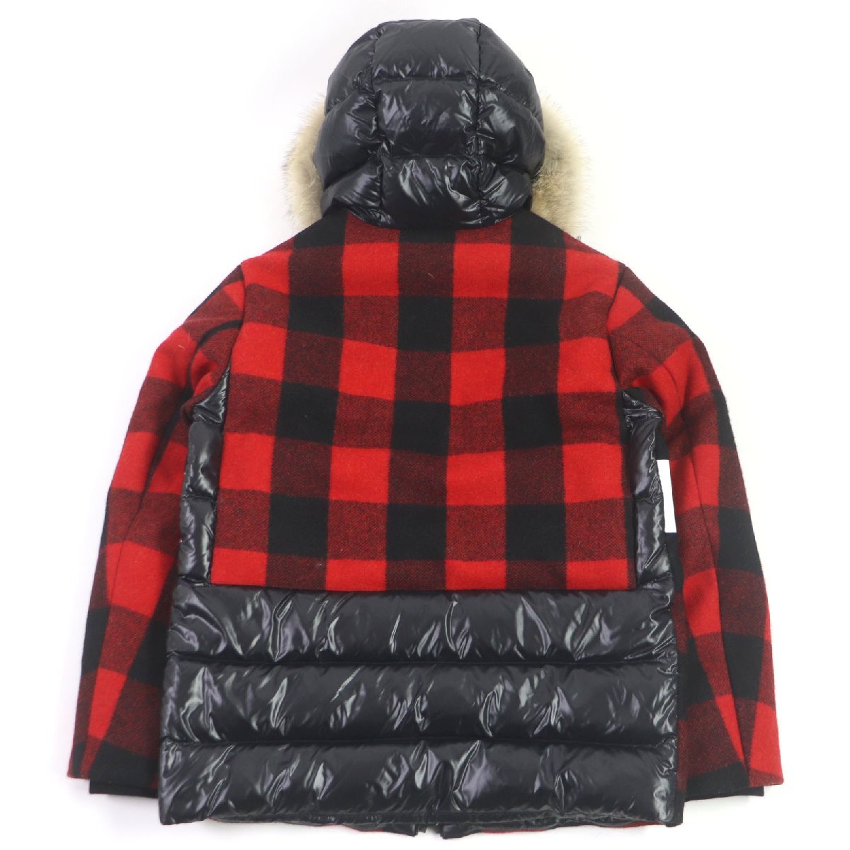 美品 MONCLER モンクレール 20-21AW STECKNADEL HORN ウール チェック柄 ダウンジャケット レッド ブラック 1 イタリア製 正規品 メンズ_画像4