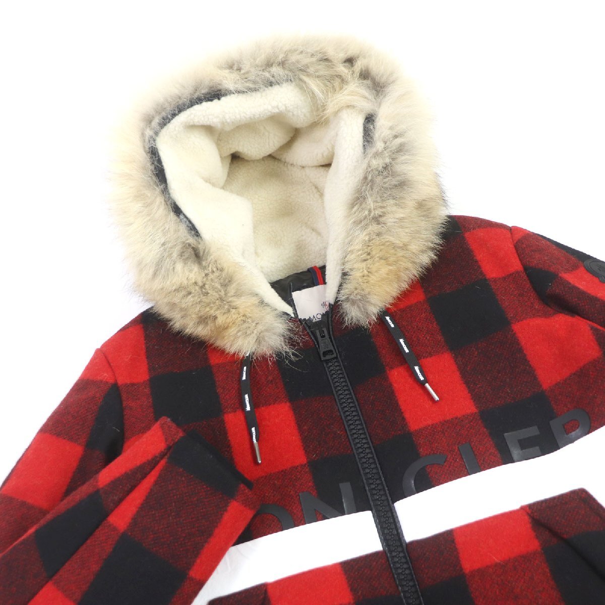 美品 MONCLER モンクレール 20-21AW STECKNADEL HORN ウール チェック柄 ダウンジャケット レッド ブラック 1 イタリア製 正規品 メンズ_画像2