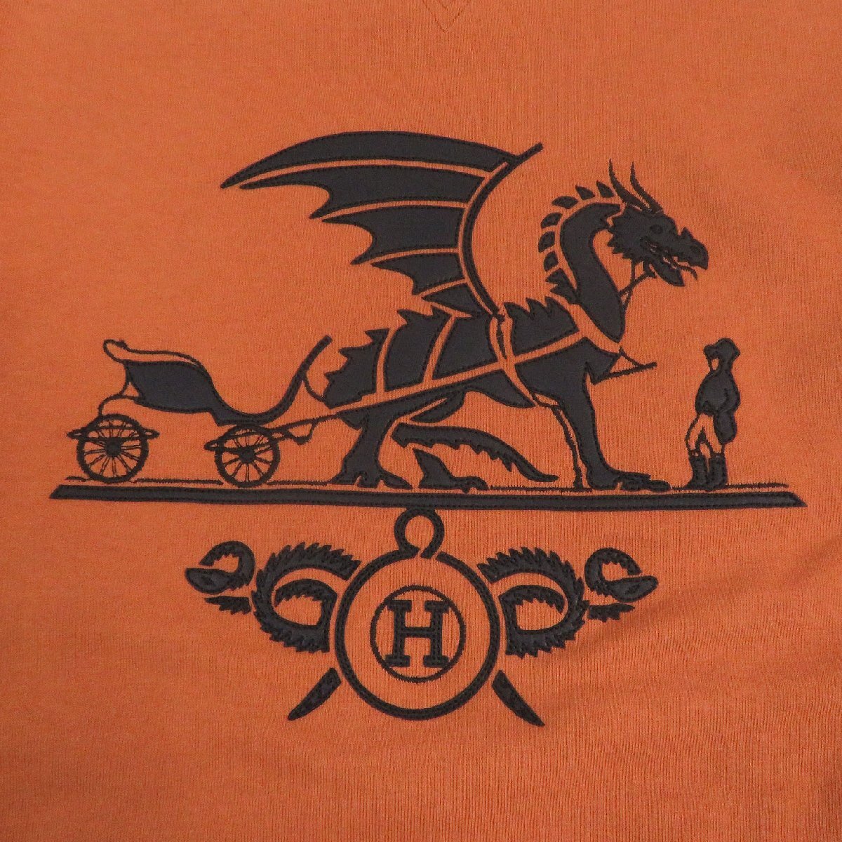 美品□HERMES エルメス 19AW コットン エクスリブリス ドラゴン ラムレザーパッチ 裏起毛 トレーナー スウェット オレンジ M イタリア製_画像4