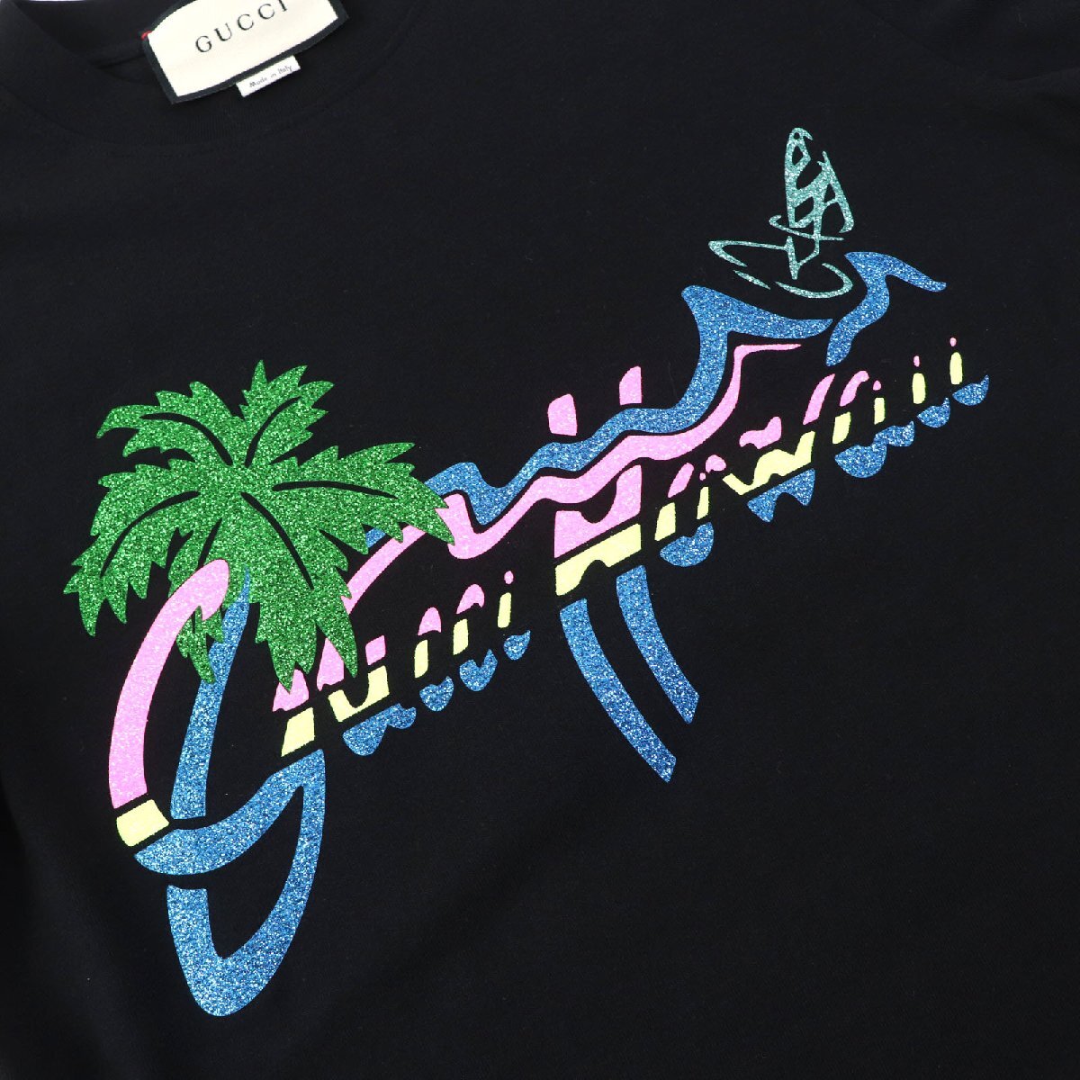 極美品△GUCCI グッチ 20AW 580762 コットン100％ HAWAII ラメプリント クルーネック 半袖Ｔシャツ ブラック XS 伊製 正規品 レディース_画像5