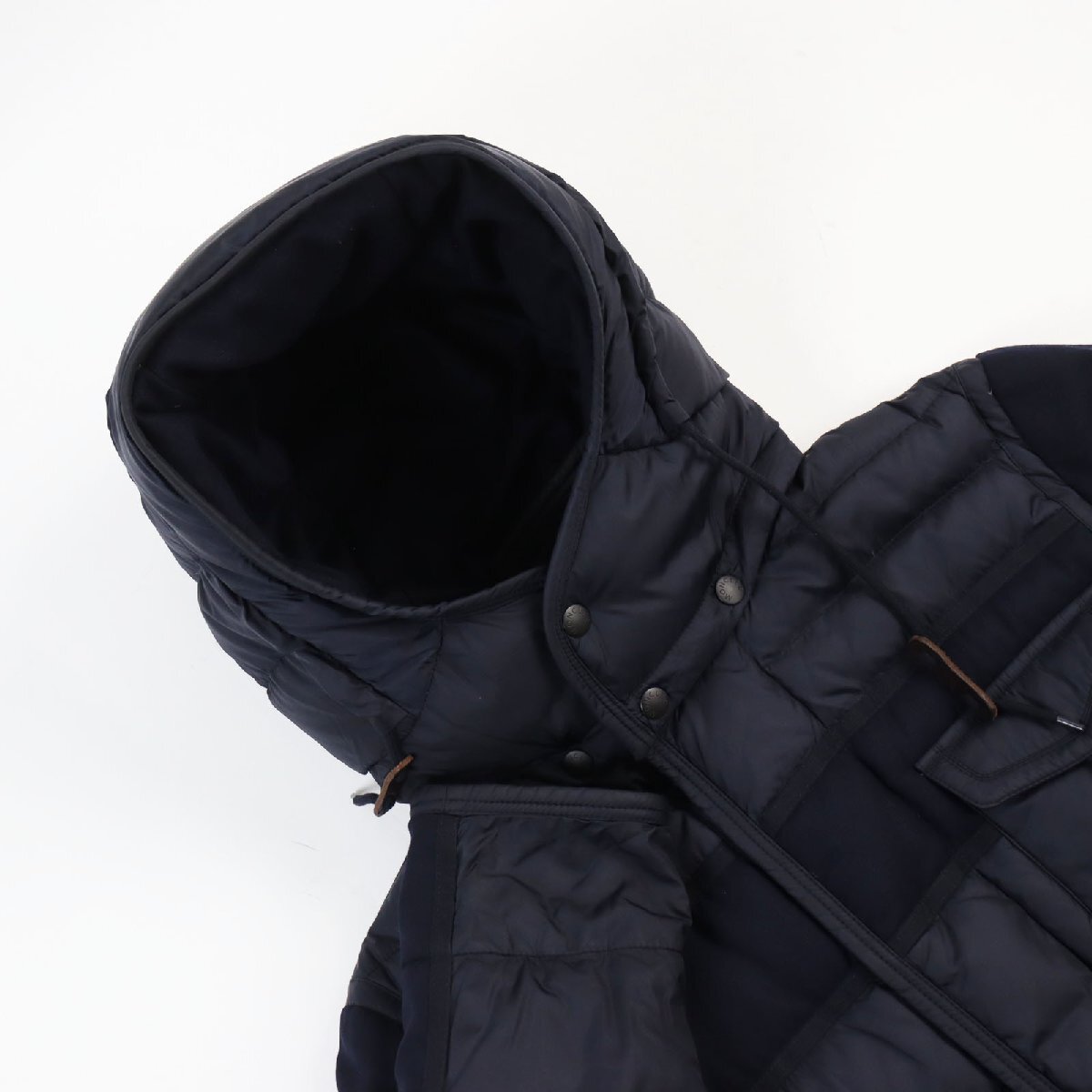 美品●MONCLER モンクレール 18-19AW RYAN ウール切り替え レザーロゴパッチ付き フーデッドダウンジャケット ネイビー 2 正規品 メンズ_画像2