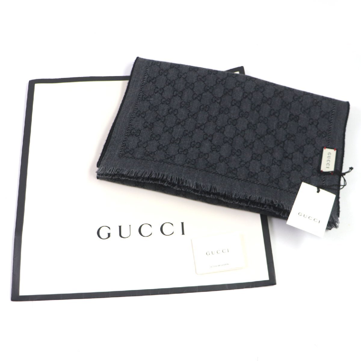 未使用品▼GUCCI グッチ 402093 ウール100% GG柄 フリンジ付き リバーシブル マフラー グレー ブラック イタリア製 正規品 メンズ_画像2