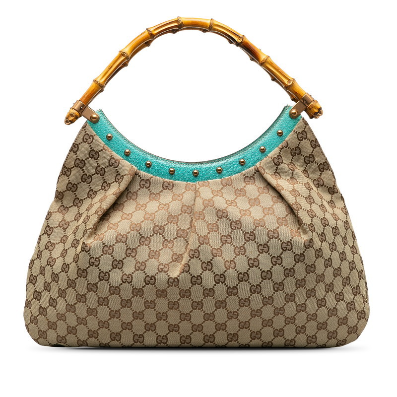 グッチ バンブー ハンドバッグ ワンショルダーバッグ 124293 ベージュ ターコイズブルー キャンバス レザー レディース GUCCI 【中古】