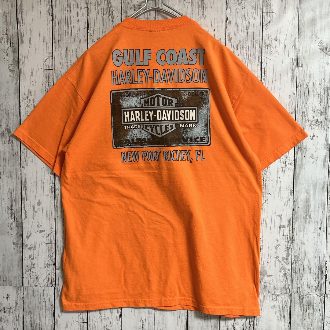 HARLEY DAVIDSON ハーレーダビッドソン Tシャツ ハーレーT オレンジ L バーアンドシールドロゴ 両面プリント US古着 アメカジ HTK3350