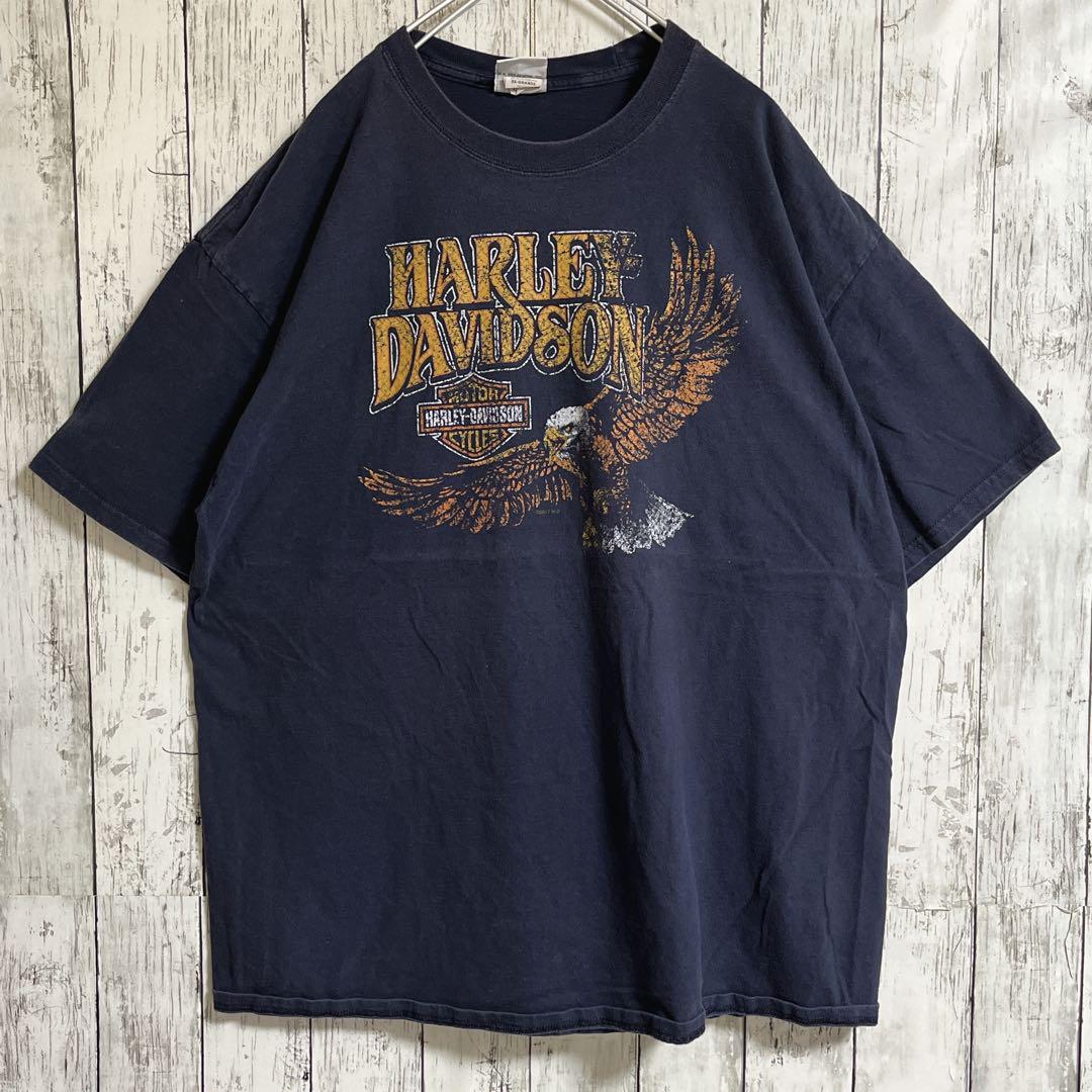 HARLEY DAVIDSON ハーレーダビッドソン Tシャツ ハーレーT 紺 ネイビー 2XL イーグル ビンテージ加工 US古着 アメカジ HTK3363の画像1