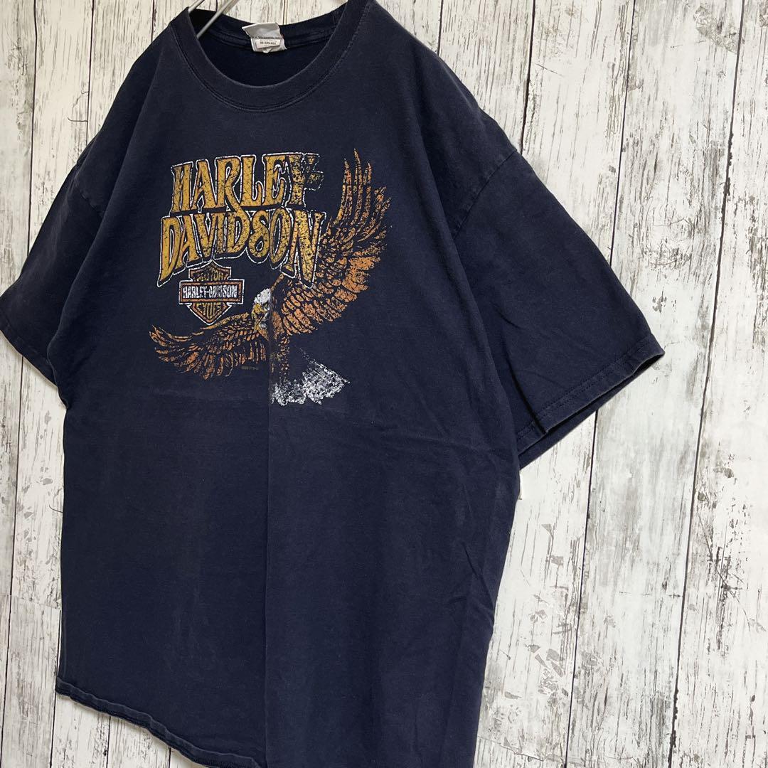 HARLEY DAVIDSON ハーレーダビッドソン Tシャツ ハーレーT 紺 ネイビー 2XL イーグル ビンテージ加工 US古着 アメカジ HTK3363の画像2