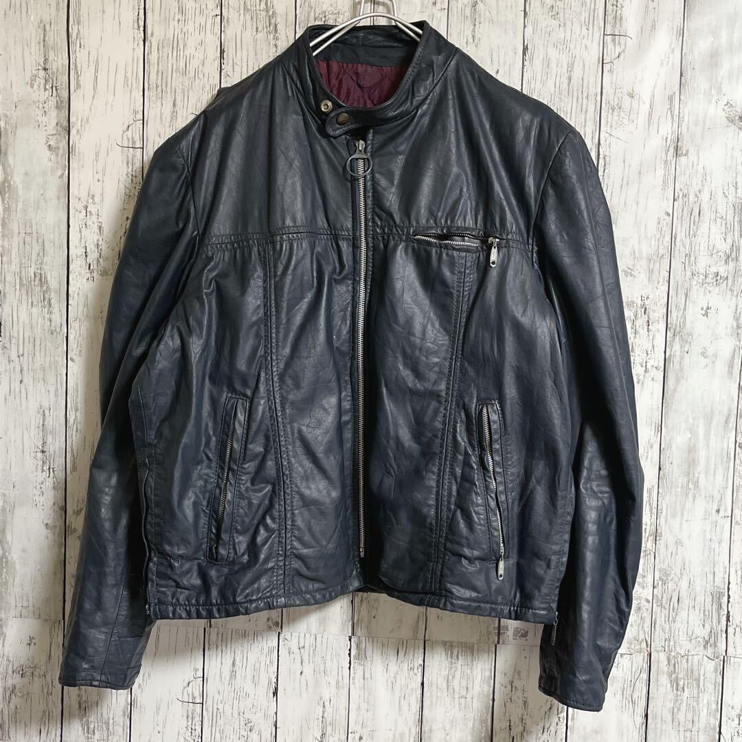 60's Sears シアーズ レザー シングルライダース 紺系 XL ライトニングジップ 本革 60年代ヴィンテージ US古着 アメカジ HTK3458_画像2