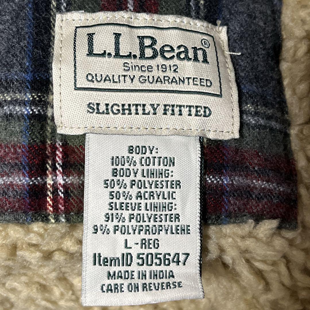 LLBean エルエルビーン 裏ボア シャツジャケット ネルシャツ L チェック ワンポイント 革パッチ 古着 アメカジ HTK3480