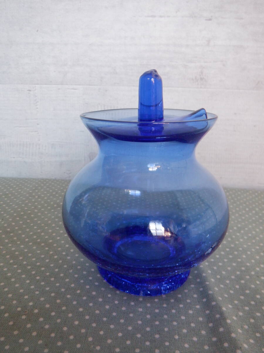 D3『手づくりガラス　ブルーのシュガーポット　ガラス製品　洋食器』_画像3
