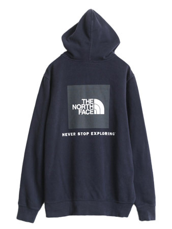 ノースフェイス 両面 プリント スウェット フード パーカー メンズ L 古着 The North Face プルオーバー 裏起毛 トレーナー アウトドア 紺