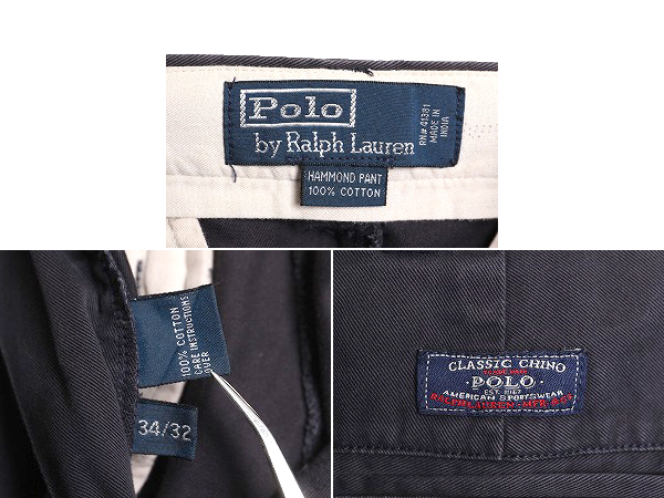 90s ポロ ラルフローレン コットン チノ パンツ メンズ 34 32 / 古着 POLO 90年代 オールド ストレート スラックス ツータック チノパン 紺_画像4