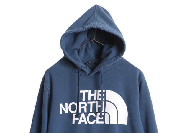 ノースフェイス プリント スウェット フード パーカー メンズ M 古着 The North Face ロゴ プルオーバー 裏起毛 トレーナー 紺 アウトドア_画像2