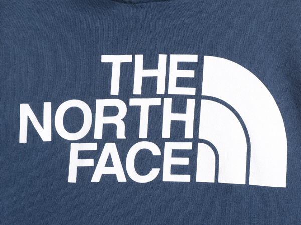 ノースフェイス プリント スウェット フード パーカー メンズ M 古着 The North Face ロゴ プルオーバー 裏起毛 トレーナー 紺 アウトドア_画像3